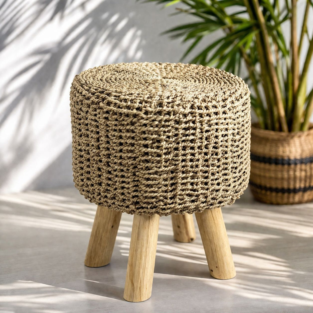 Banquinho Redondo Fibra Seagrass Bege
