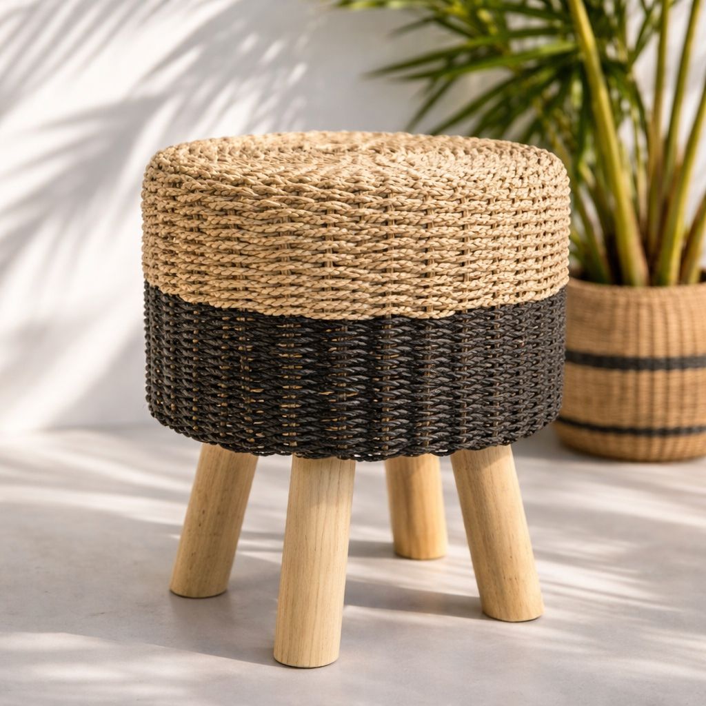 Banquinho Redondo Fibra Seagrass Preto e Bege