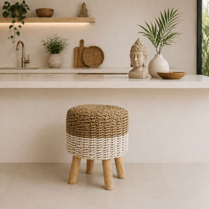 Banquinho Redondo Fibra Seagrass Branco com Bege