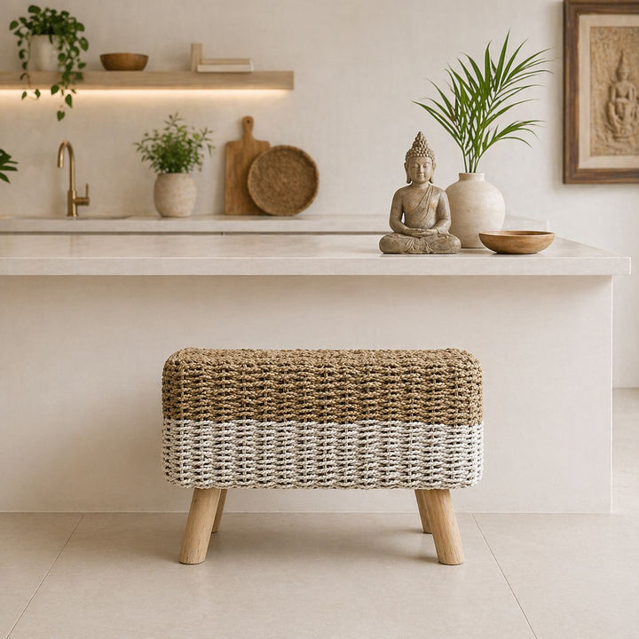 Banqueta Baixa Retangular Fibra Seagrass Branco com Bege