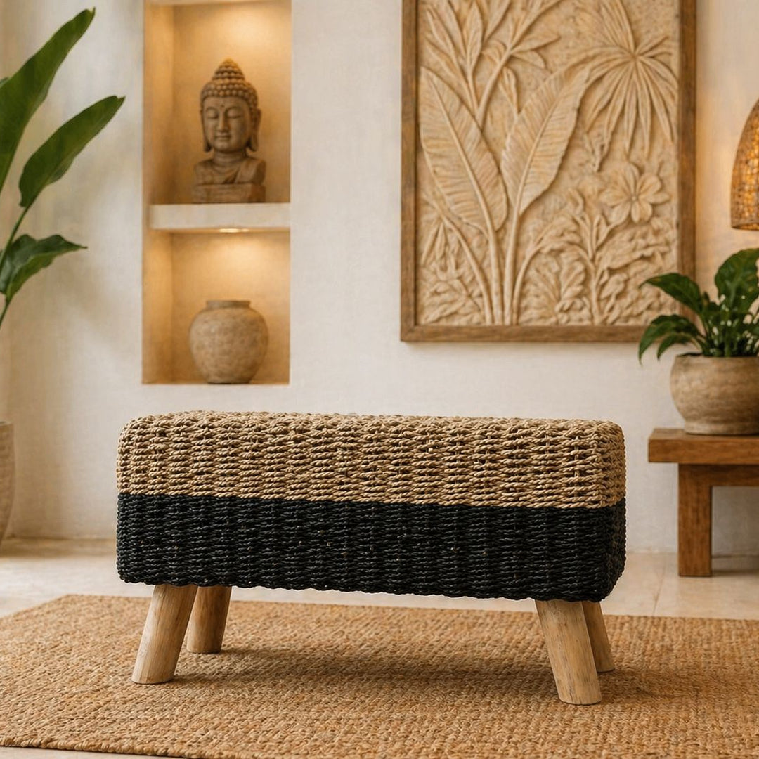 Banqueta Baixa Retangular Fibra Seagrass Preto e Bege