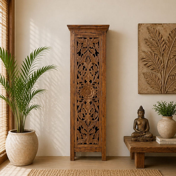 Armário Entalhado de Madeira Teca Marrom - 1 Porta