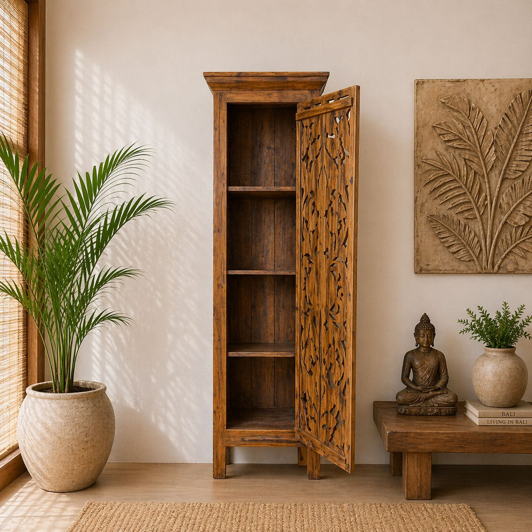 Armário Entalhado de Madeira Teca Marrom - 1 Porta