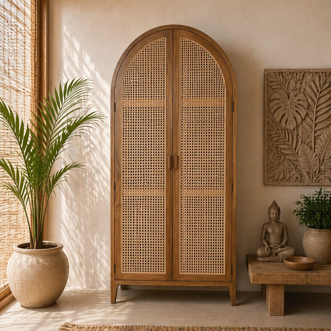 Armário de Madeira Teca e Rattan para Quarto Artesanal