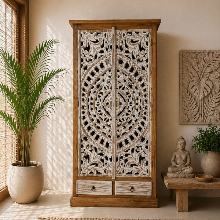 Armário 2 Portas de Madeira - Mandala Branco Patinado Entalhado