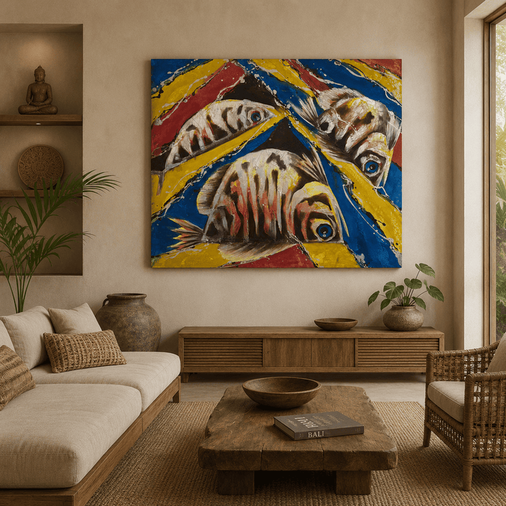 Quadro Balinês Pintura em Tela - 3 Peixes 120x100 cm