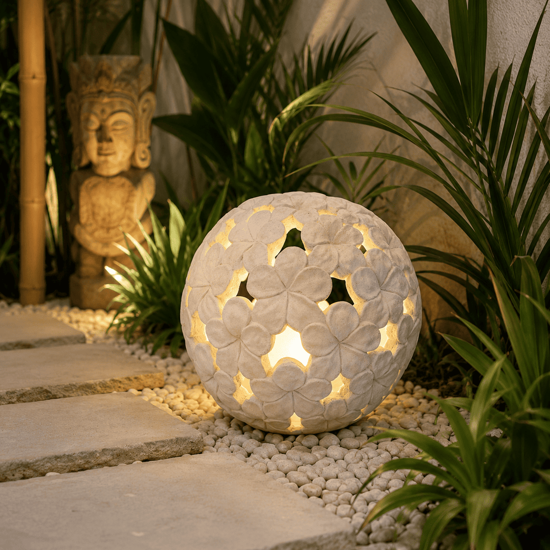 Luminária de Chão para Jardim Globo com Flores - Cimento Branco