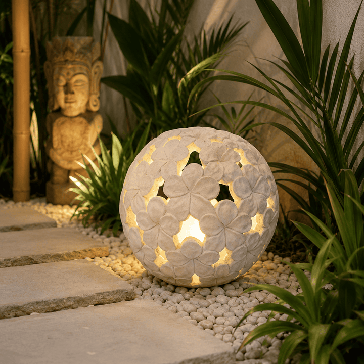 Luminária de Chão para Jardim Globo com Flores - Cimento Branco