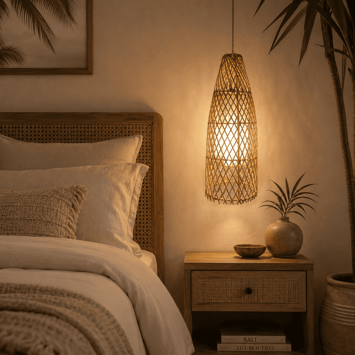 Luminária de Rattan com Tecido interno branco Longa PP