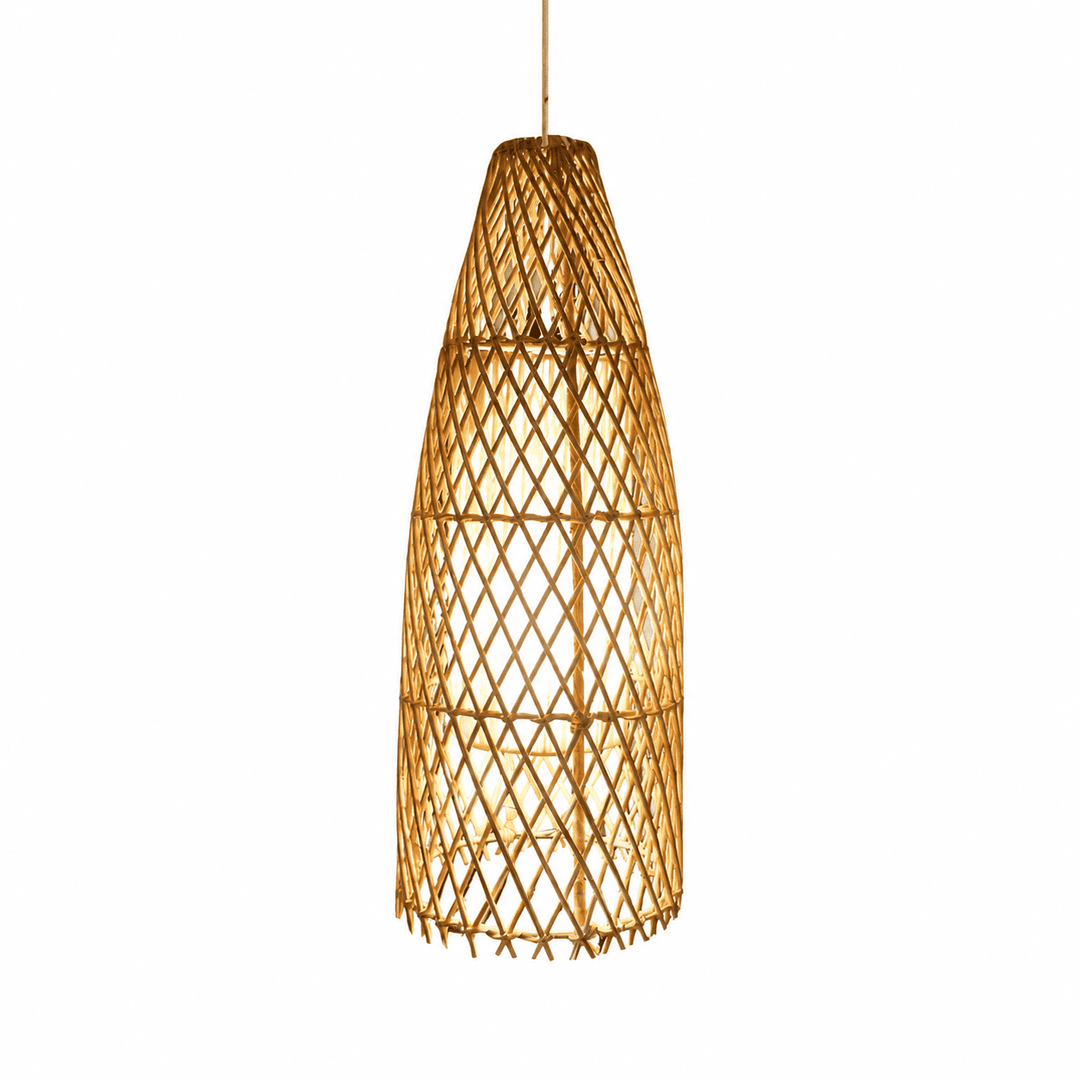 Luminária de Rattan com Tecido interno branco Longa PP