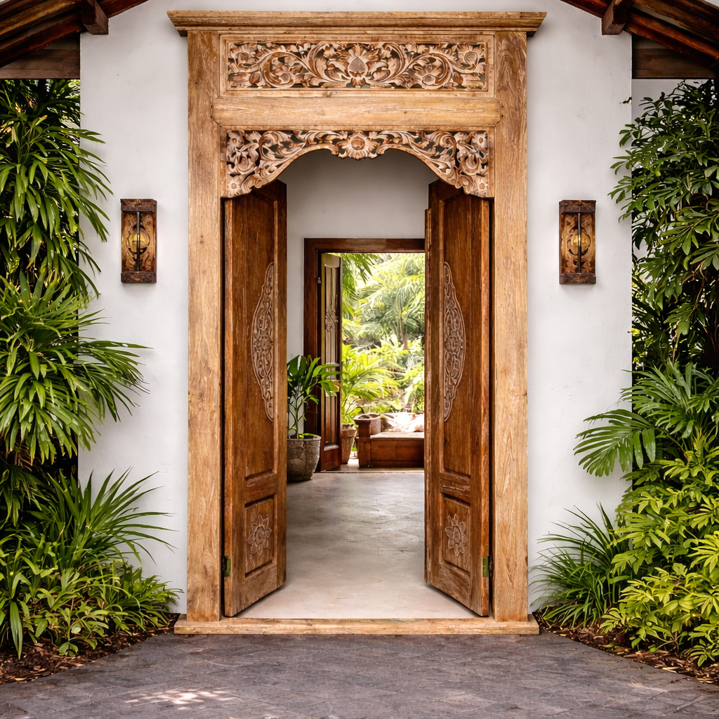Porta Portal de Madeira Teca Entalhada 1,3 x 2,6 m