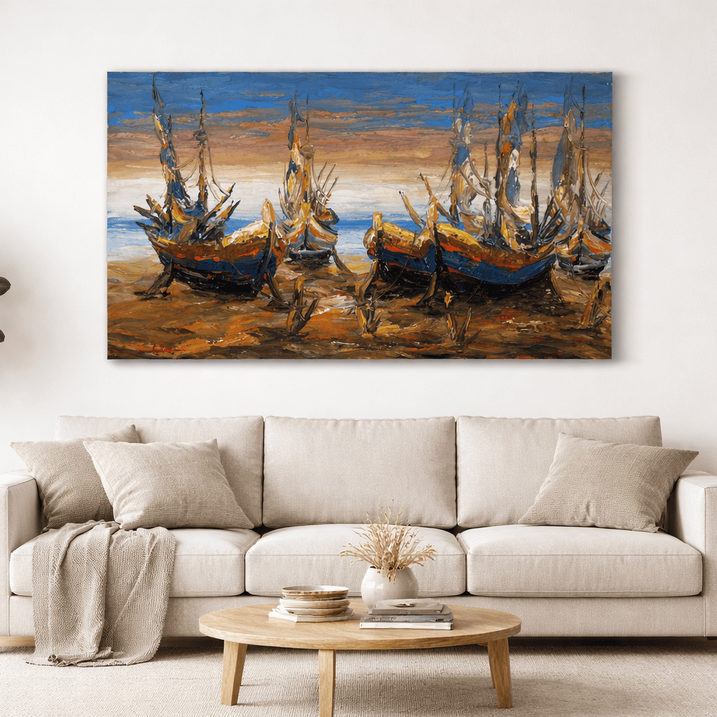 Quadro Balines Pintura em Tela - Barcos na Areia 135x85 cm