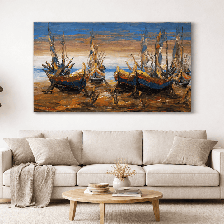 Quadro Balines Pintura em Tela - Barcos na Areia 135x85 cm