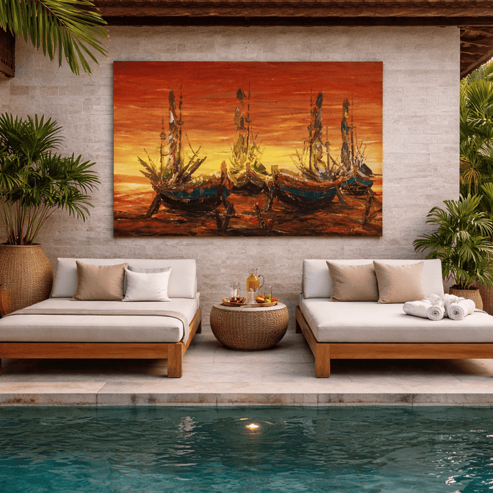 Quadro Balines Pintura em Tela - Barcos na Areia Laranja 120x100cm