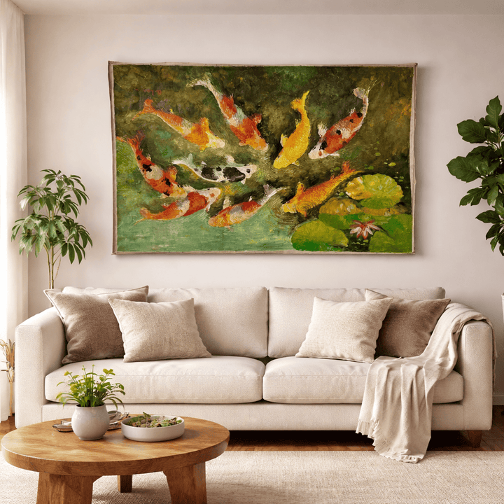 Quadro Balines Pintura em Tela - 9 Peixes 135x85 cm
