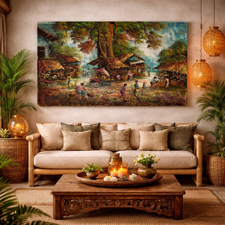 Quadro Balines Pintura em Tela - Vila Céu Azul 135x85 cm