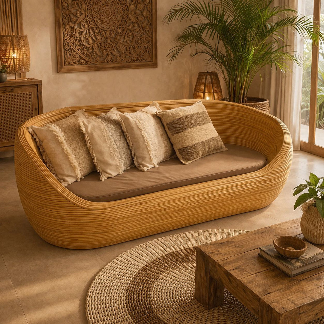 Sofá Rattan Linhas - Branco Patinado