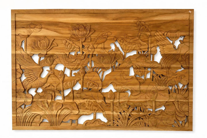 Painel Entalhado em Madeira Teca: Aves 1,5x1,00 m