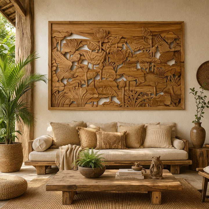 Painel Entalhado em Madeira Teca: Aves 1,5x1,00 m
