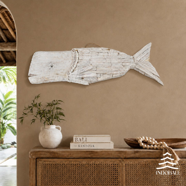 Baleia Pendurável Lascas de Madeira - Branco