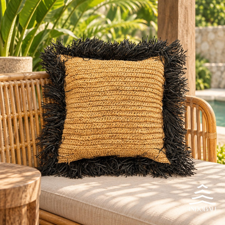 Almofada 50x50 cm Fibra Natural: Bege com Franja preta