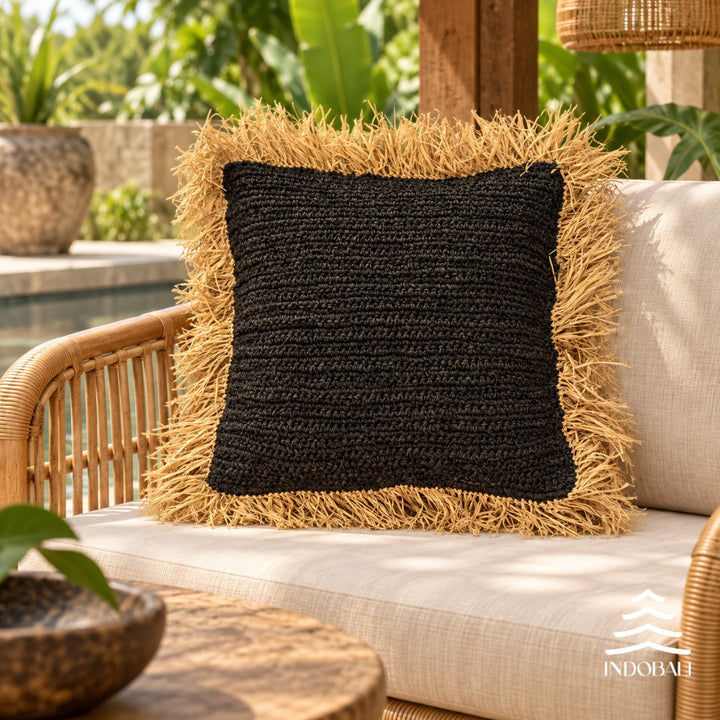 Almofada 50x50 cm Fibra Natural: Preto com Franja Bege