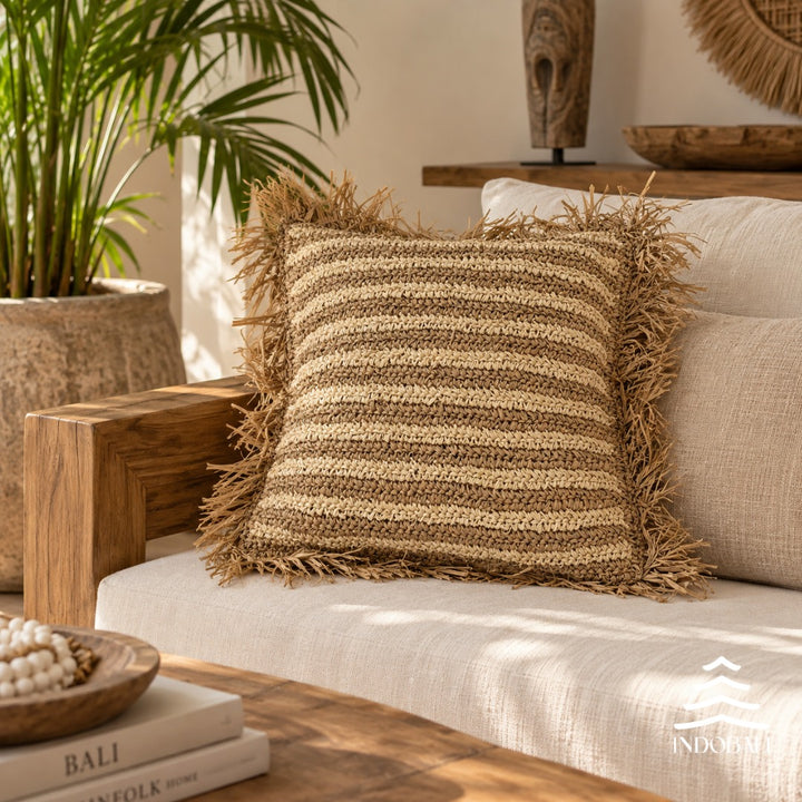 Almofada 50x50 cm Fibra Natural: Bege com Franja Palha