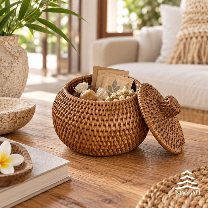Cestinha de Rattan com Tampa Grass