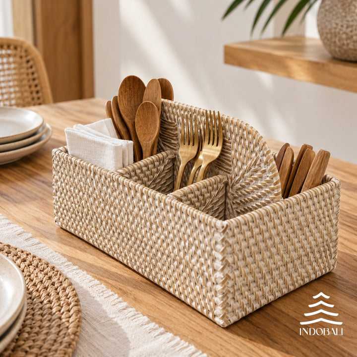 Porta Talher de Rattan Branco Patinado