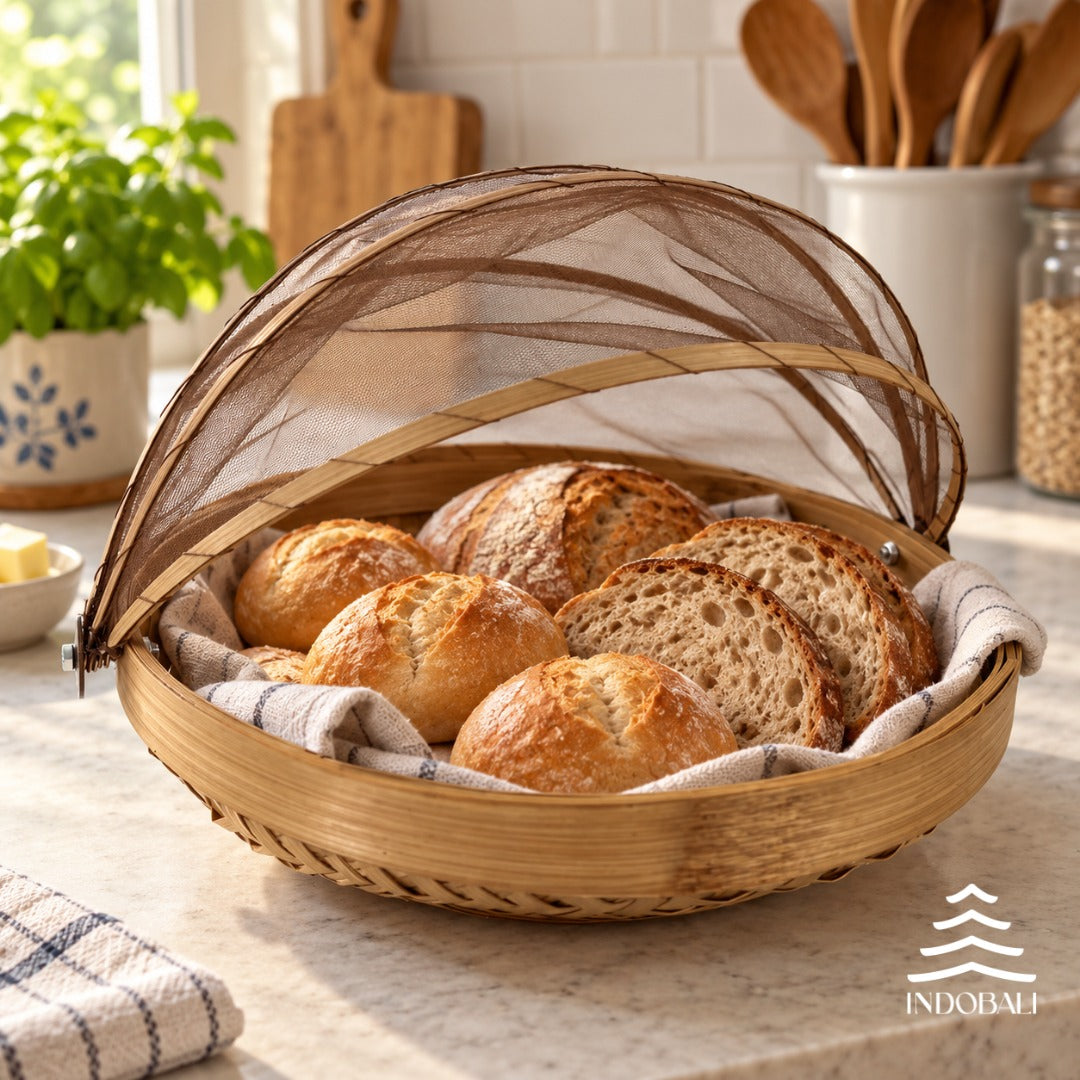 Fruteira Cesta de Pão em Bambu com Tela