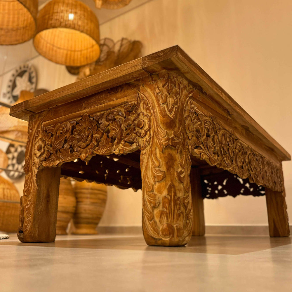 Mesa de Centro Teca Entalhada Retangular 140x70x48 cm - Verniz - IndoBali
