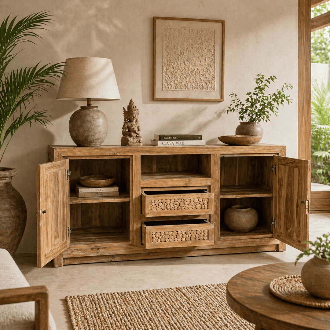 Rack Buffet de Madeira Teca Entalhada - 150x45x75 cm
