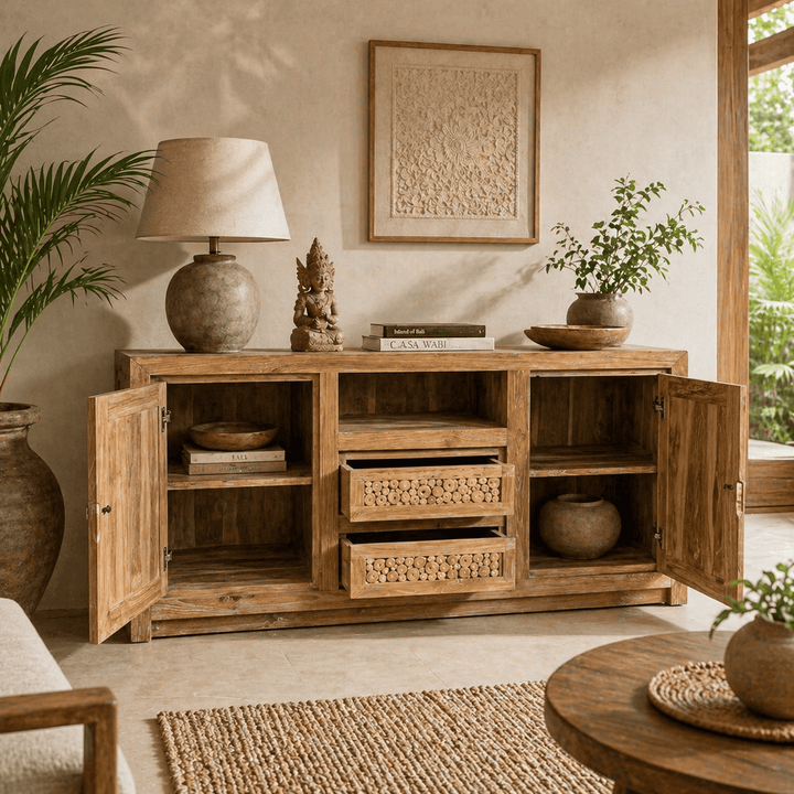 Rack Buffet de Madeira Teca Entalhada - 150x45x75 cm