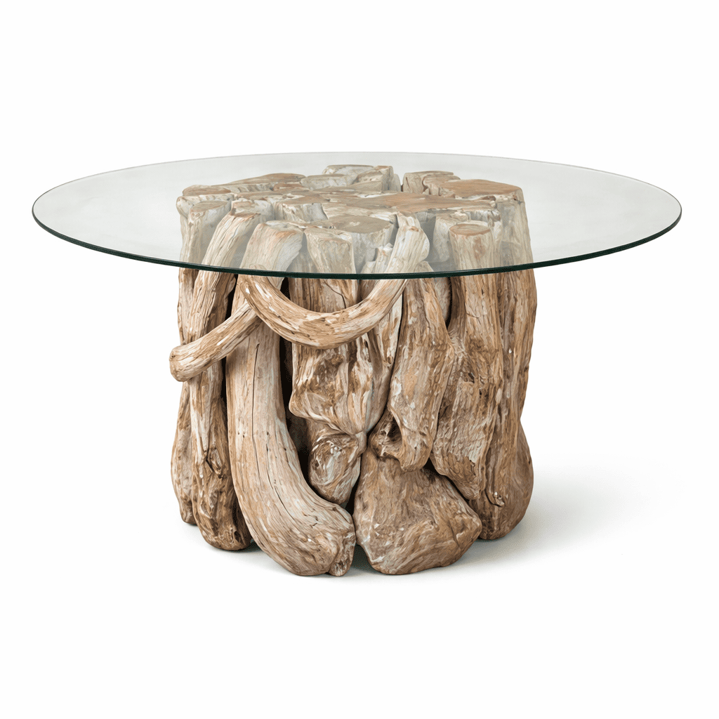 Mesa em Raízes de Teca com Tampo de Vidro