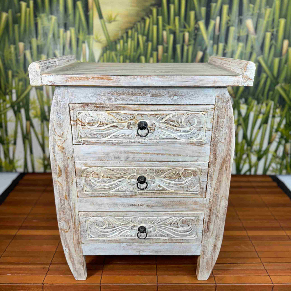 Mesa de Cabeceira de Madeira Teca 3 Gavetas - Branco - IndoBali