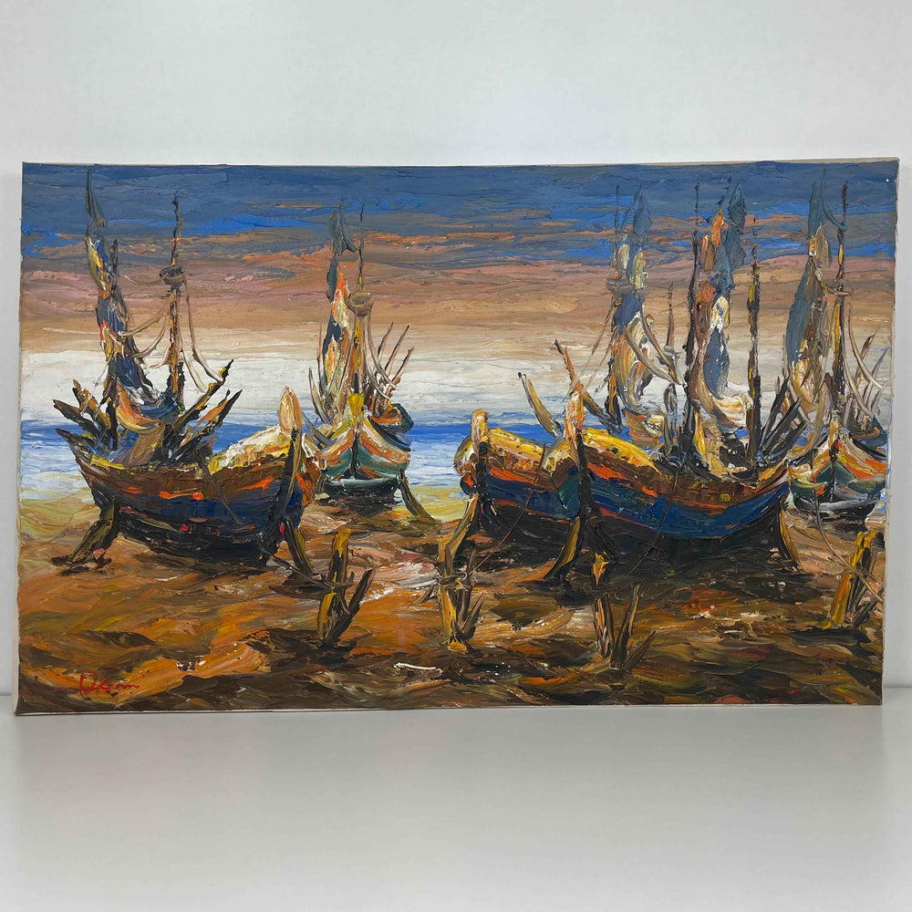 Quadro Balines Pintura em Tela - Barcos na Areia 135x85 cm