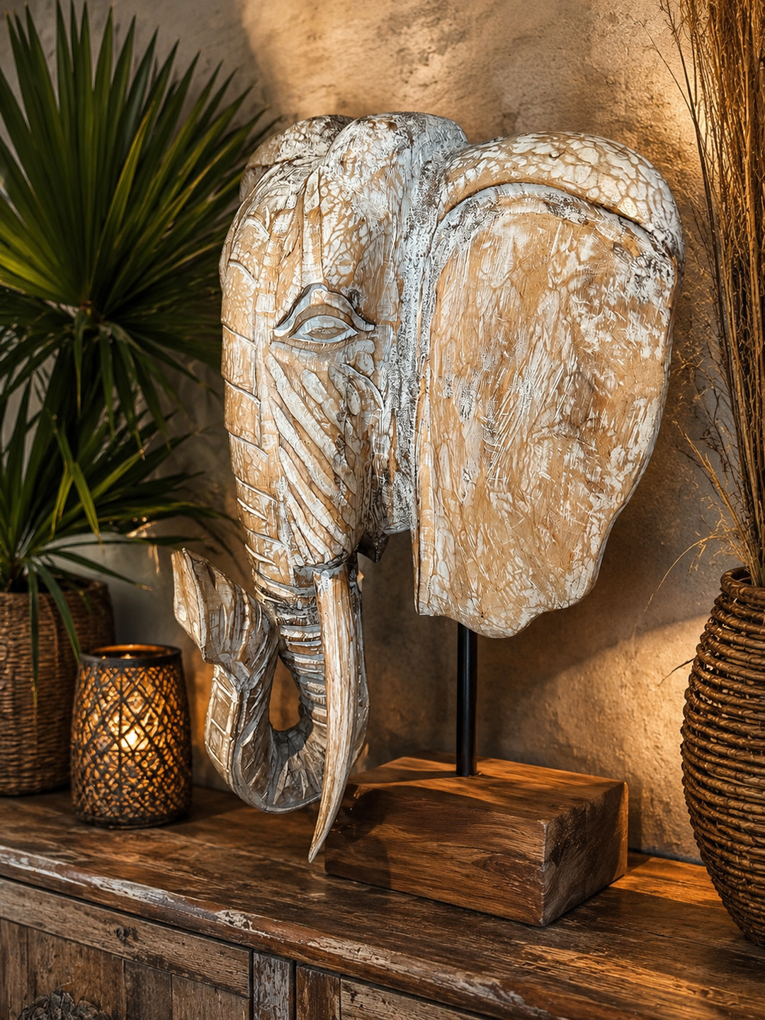 Cabeça de Elefante Patinado Branco Espetada - Tamanho G