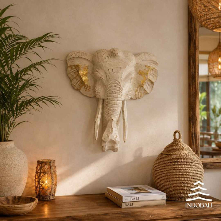 Cabeça de Elefante Parede - Branco com Dourado