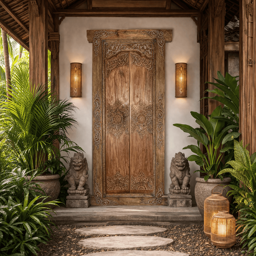Porta Portal de Madeira Teca de Demolição Entalhada - 100x220 cm