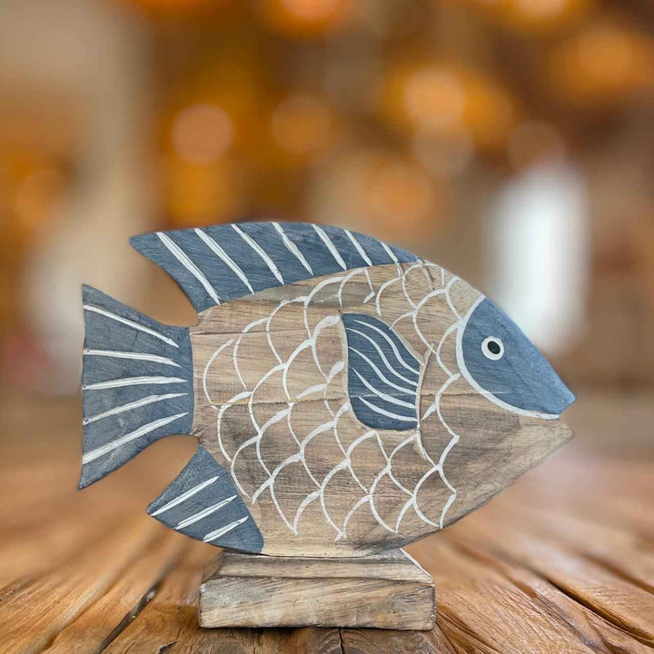 Peixe de Madeira com Base - Azul Escamas