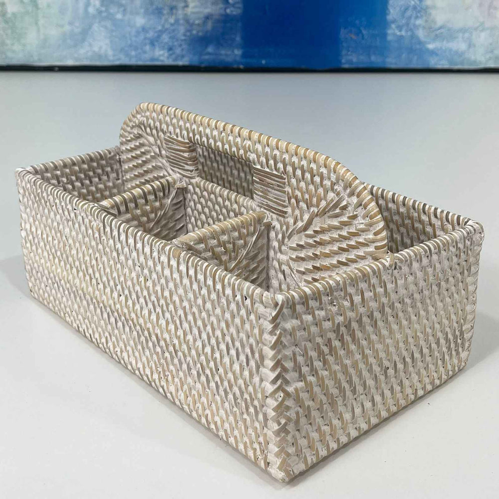 Porta Talher de Rattan Branco Patinado